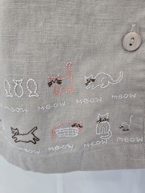 Womens Cat Embroidered Linen Cotton Jacket Size L Crazy Cat Lady Meow 3/4 Jacket